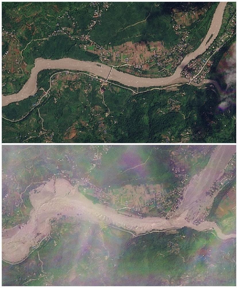 Una combinación de imágenes satelitales que muestran Khadga Bhanjyang el 23 de agosto antes de la inundación repentina y el 26 de agosto después de la inundación repentina. La primera imagen muestra el río con edificios cerca y la segunda muestra la inundación extendiéndose hacia tierra firme.
