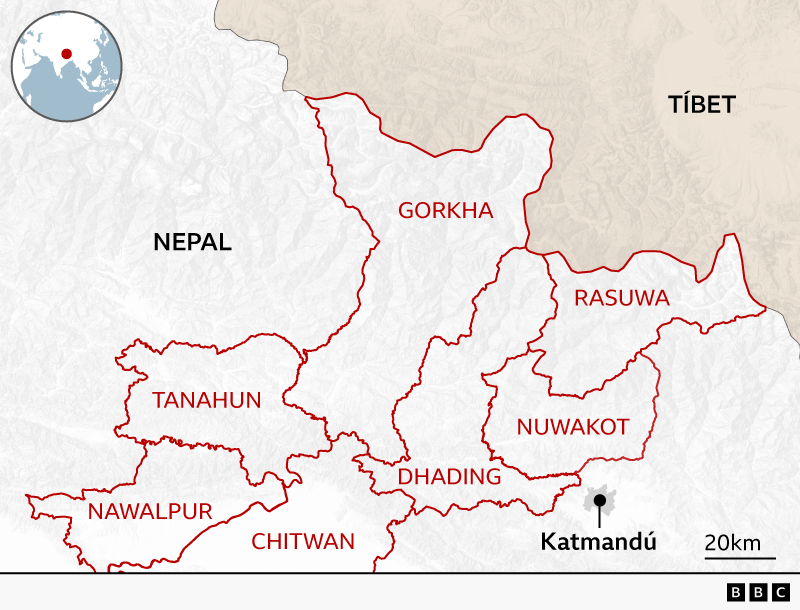 Mapa de la zona del desastre en Nepal
