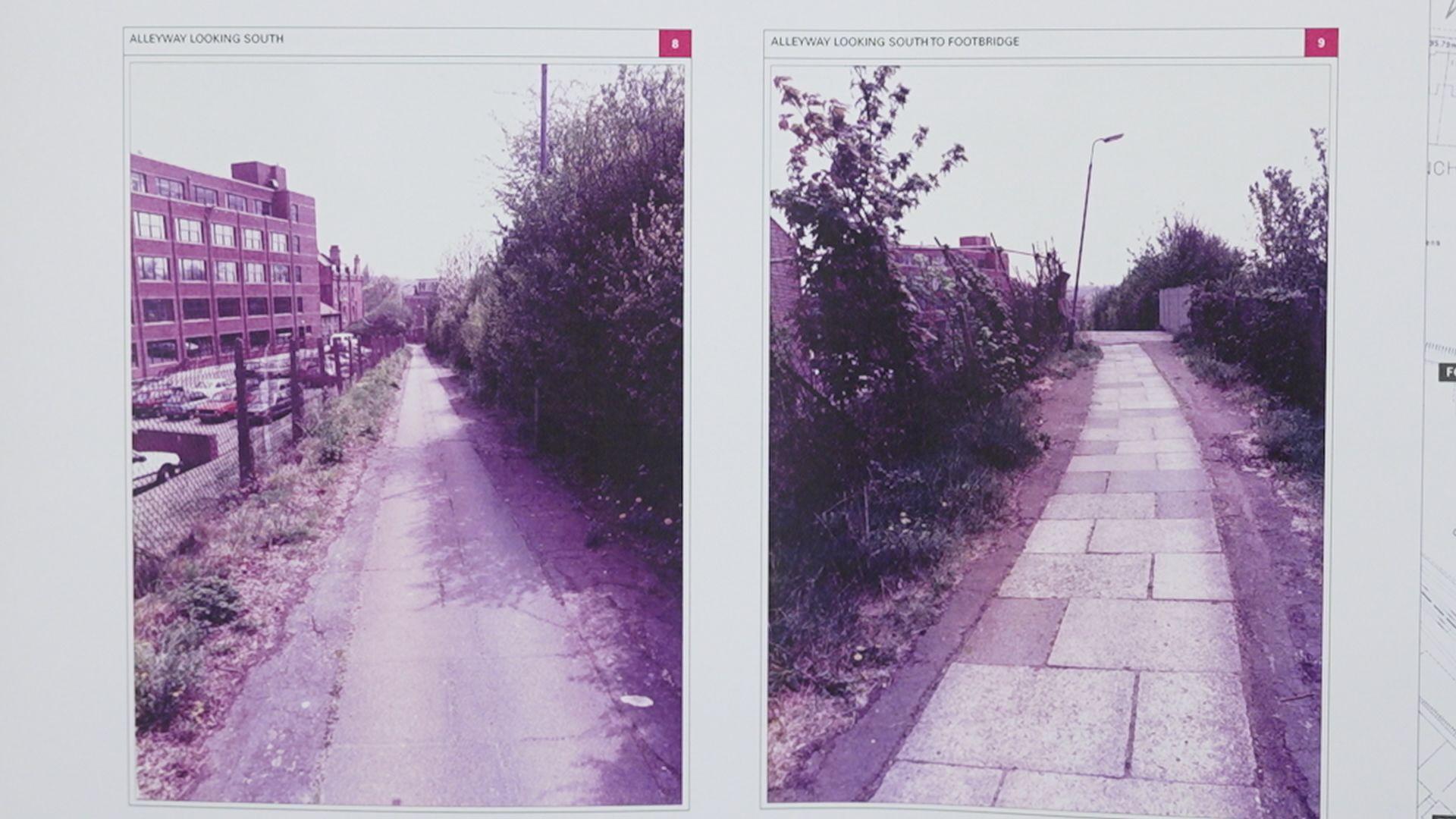 Dos fotografías en color de 1984 de un sendero pavimentado largo y estrecho que se extiende a lo lejos, bordeado a ambos lados por densos arbustos y árboles crecidos, con una farola y una valla de alambre a un lado.