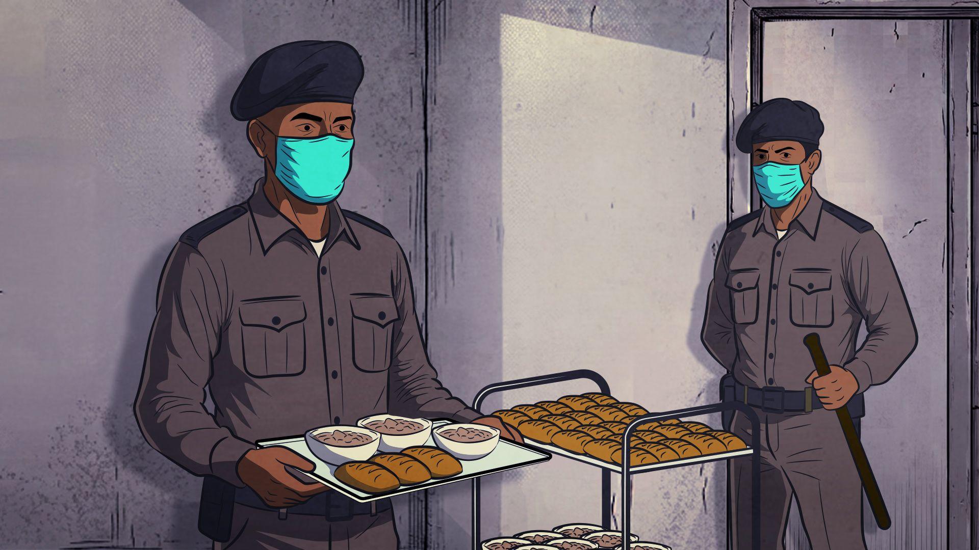 Ilustración de guardias de prisión con mascarillas repartiendo comida. Uno lleva una bandeja con tres panes y tazones de sopa. El otro tiene un carrito con panes. 