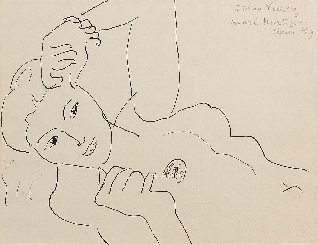 Grabado de rostro y torso desnudo, reclinado, de una mujer