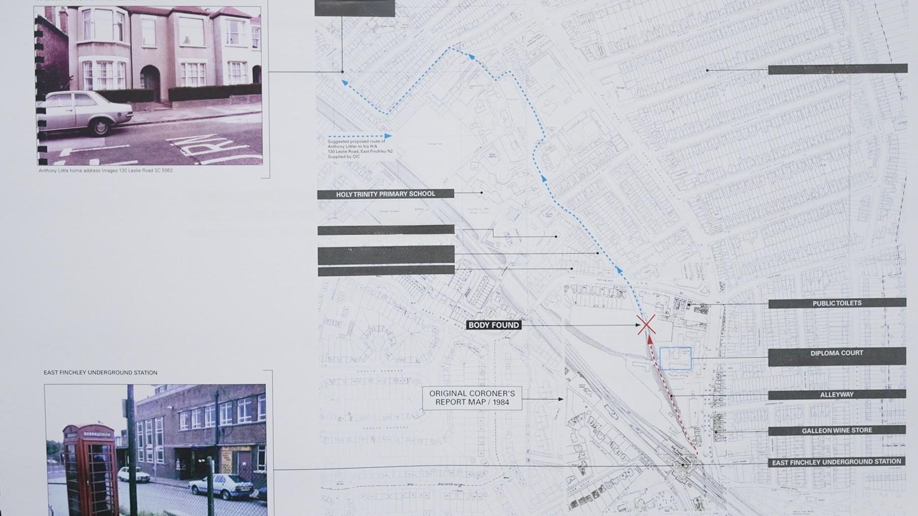 Mapa topográfico de 1984 de la Ordnance Survey, con anotaciones a mano de las calles alrededor de la estación de metro de East Finchley, realizado por la policía. Un punto marcado con la etiqueta 