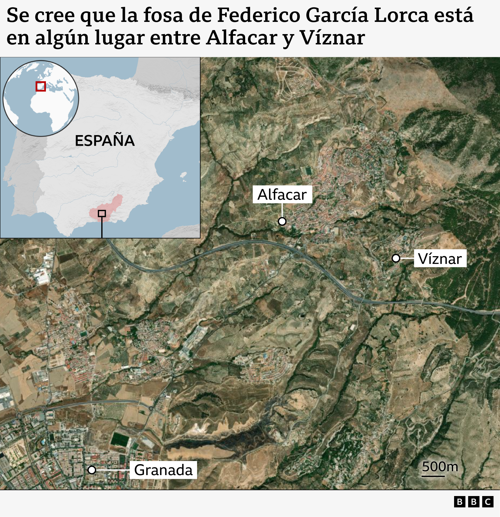 Mapa de España que muestra la sierra de Granada, con las localidades de Víznar y Alfacar, donde se cree que están la fosa de Federico García Lorca.