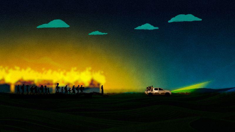 Ilustración que muestra a personas huyendo de una zona incendiada a lo largo de una carretera, en la que se puede ver una camioneta con hombres armados