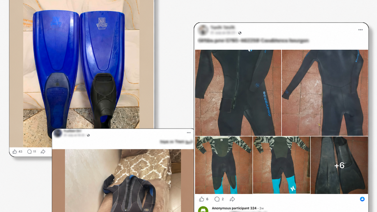Capturas de pantalla de tres publicaciones en Facebook cuyos nombres de usuario y otros datos fueron difuminados por BBC News. La primera muestra unas aletas de buceo azules; la segunda, varias imágenes de un traje de neopreno negro; y la tercera, un traje de neopreno negro extendido sobre una cama individual.