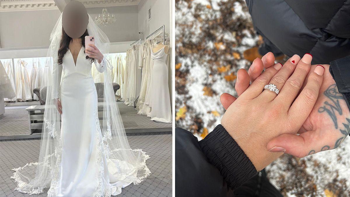 Dos fotografías una al lado de la otra. A la izquierda, una mujer con un vestido de novia largo hasta el suelo y velo en una tienda nupcial. Su rostro está borroso. La foto de la derecha muestra la mano de una mujer con un anillo de compromiso; la mano de un hombre la sostiene.