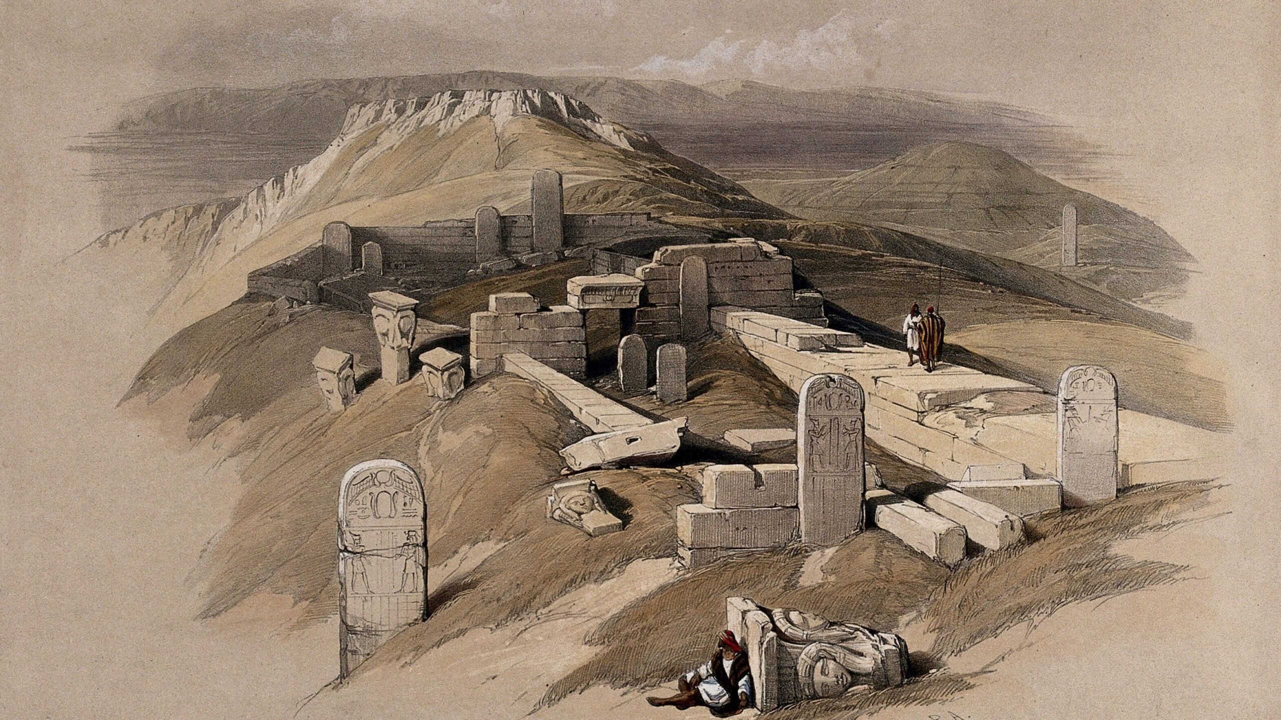 Ruinas egipcias, conocidas como Serabit el Khadim, en Gebel Garabe. Litografía coloreada de Louis Haghe, basada en David Roberts, 1849.