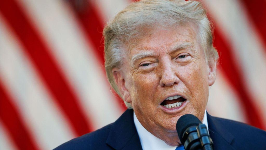 Donald Trump, presidente de EE.UU., frente a un micrófono y con la bandera de Estados Unidos detrás