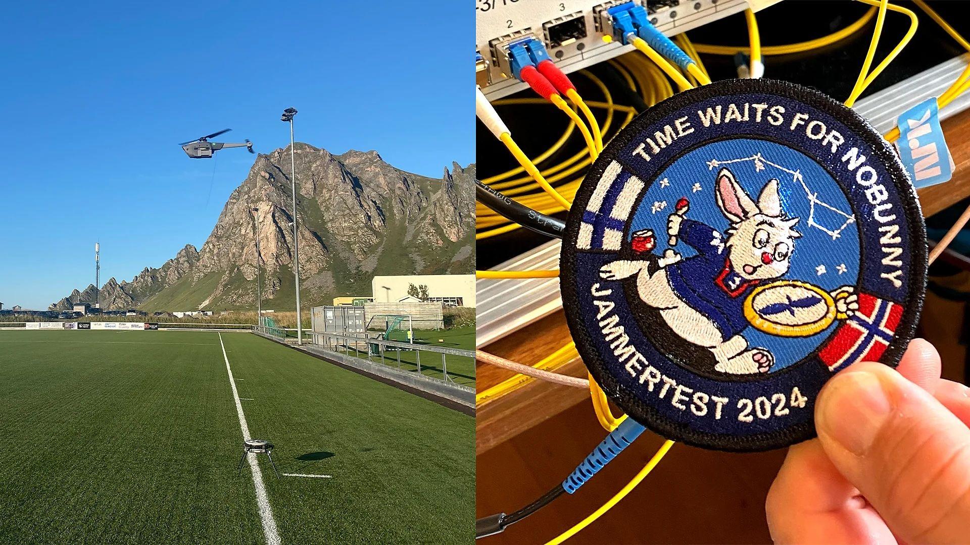 Un montaje en el que se ve a la derecha un helicóptero volando sobre un campo deportivo y a la derecha un parche con el logo del conejo corriendo con el reloj en la mano.