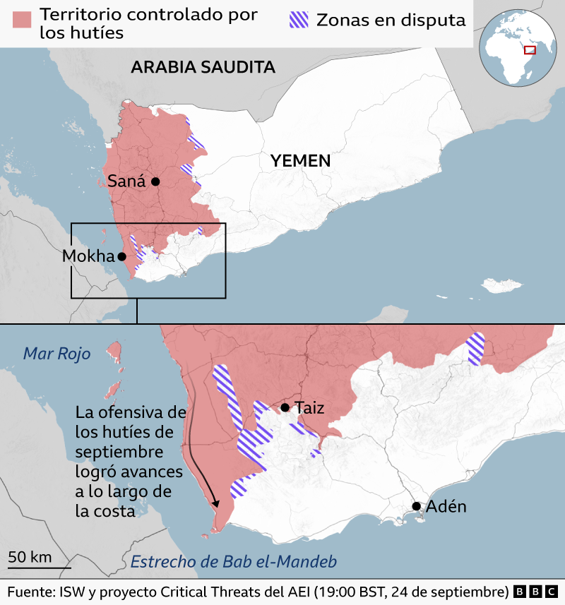 Mapa de Yemen compuesto por dos paneles que muestra el territorio controlado por los hutíes y las zonas en disputa a fecha de 24 de septiembre. El territorio bajo control hutí, sombreado en rosa, abarca gran parte del oeste de Yemen —incluida Saná— y se extiende hacia el sur a lo largo de la costa del mar Rojo, en dirección al estrecho de Bab el-Mandeb. Las áreas con franjas moradas señalan los territorios en disputa situados en los límites de la zona controlada por los hutíes. El mapa inferior, presentado a mayor escala, destaca los avances logrados por una ofensiva hutí a lo largo de la costa suroeste durante el mes de septiembre, mostrando a Taiz en la línea del frente. Un pequeño mapa auxiliar del globo terráqueo sitúa la ubicación de Yemen. Fuente: ISW y el proyecto Critical Threats del AEI.