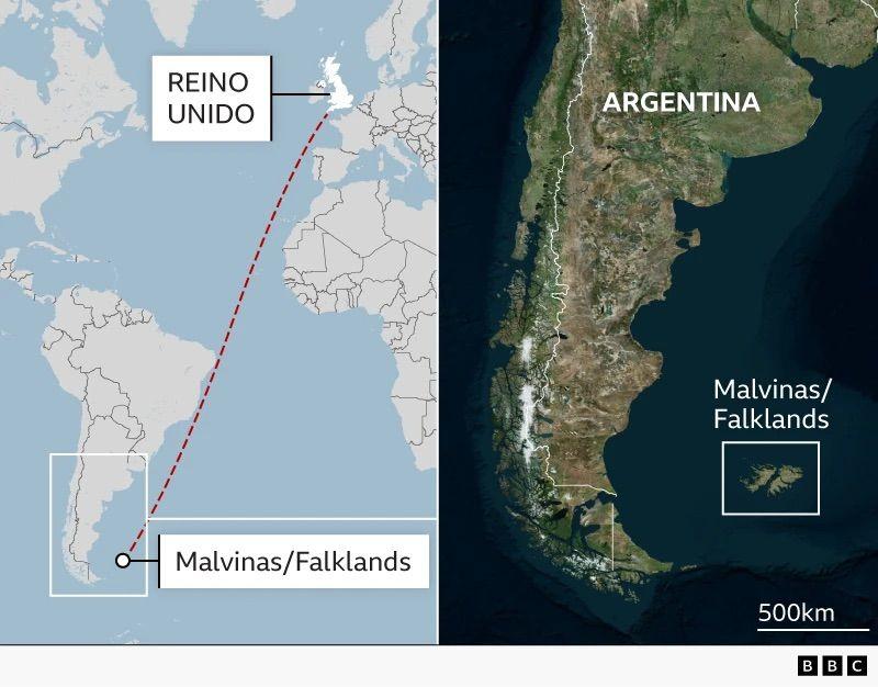 Un mapa muestra la ubicación de las islas Malvinas/Falklands.