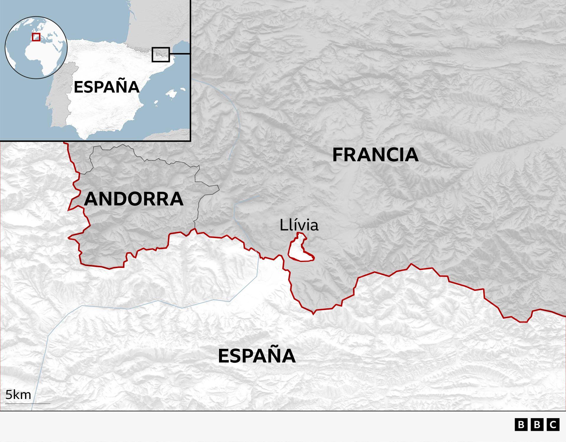 Mapa donde se marca la situación del municipio español de Llívia, rodeado por completo de Francia.