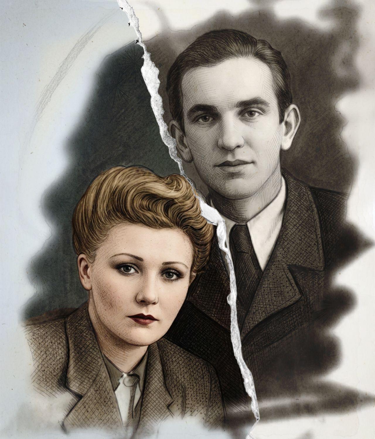 Una ilustración muestra dos retratos: uno de una mujer, a color, con chaqueta gris y pintalabios, y un segundo, en blanco y negro, de un hombre con abrigo y corbata.