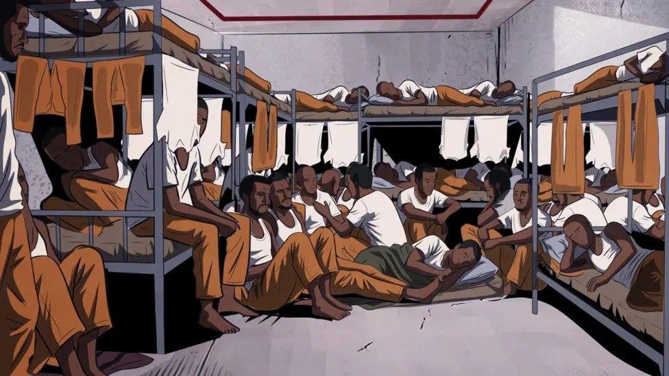 Ilustración de una celda de prisión abarrotada de reclusos, que muestra la dura realidad de las condiciones de vida de hacinamiento.