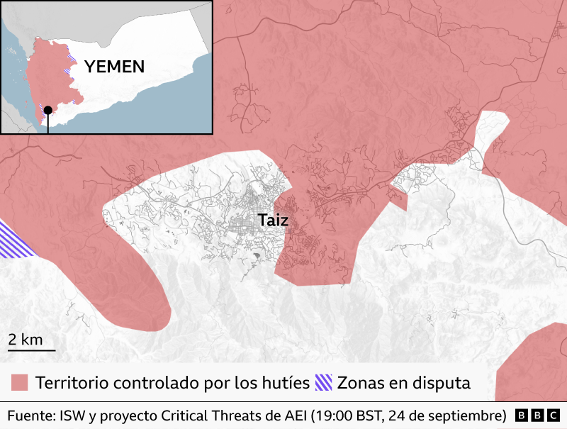 Mapa detallado de Taiz, en el suroeste de Yemen, que muestra las zonas de control territorial al 20 de septiembre. El territorio controlado por los hutíes aparece sombreado en rosa y rodea gran parte de la ciudad, mientras que las áreas en blanco señalan el territorio fuera del control hutí y las franjas diagonales moradas indican zonas en disputa.