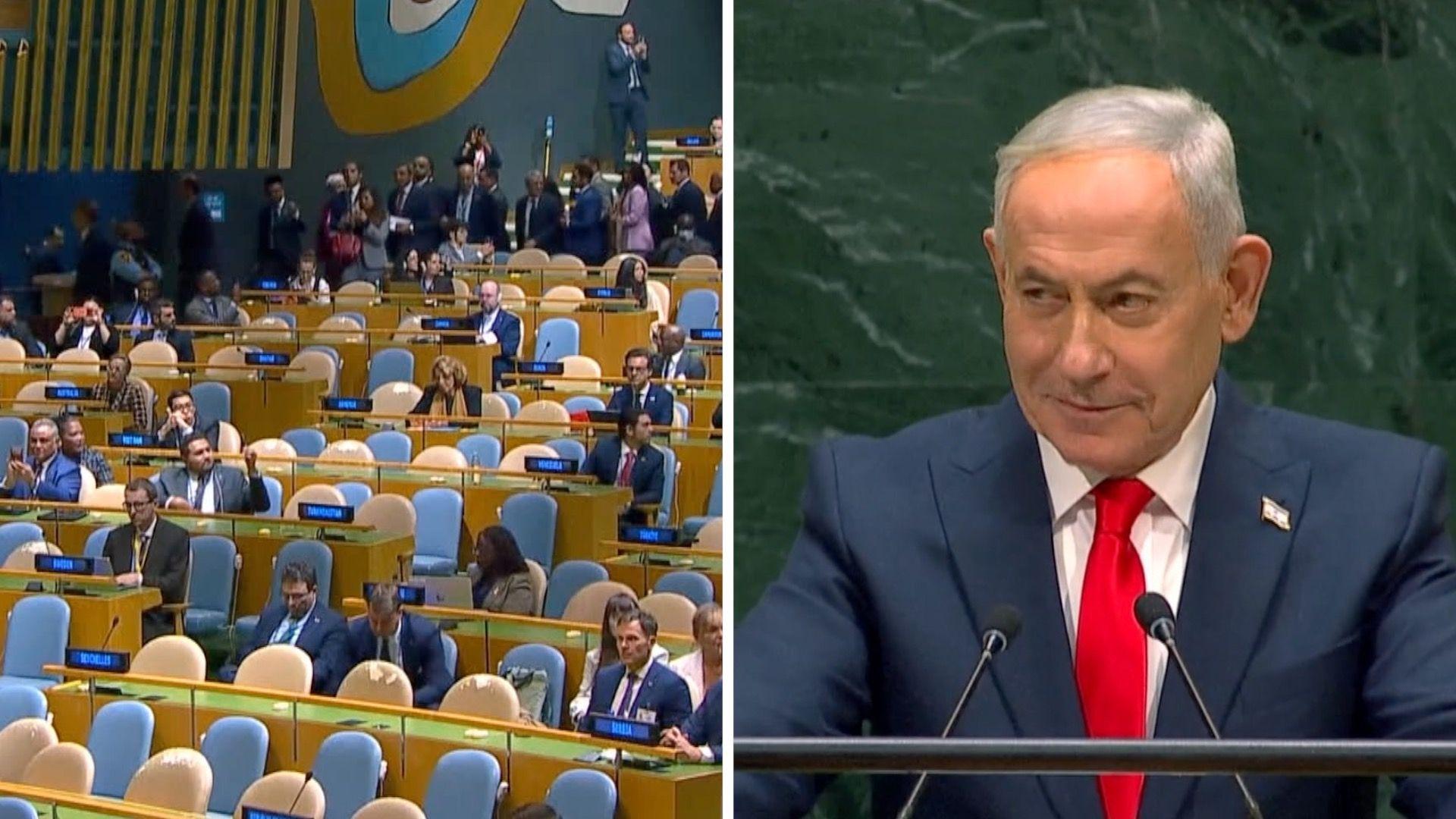 En video: decenas de delegados abandonan la Asamblea General de la ONU durante la intervención de Netanyahu