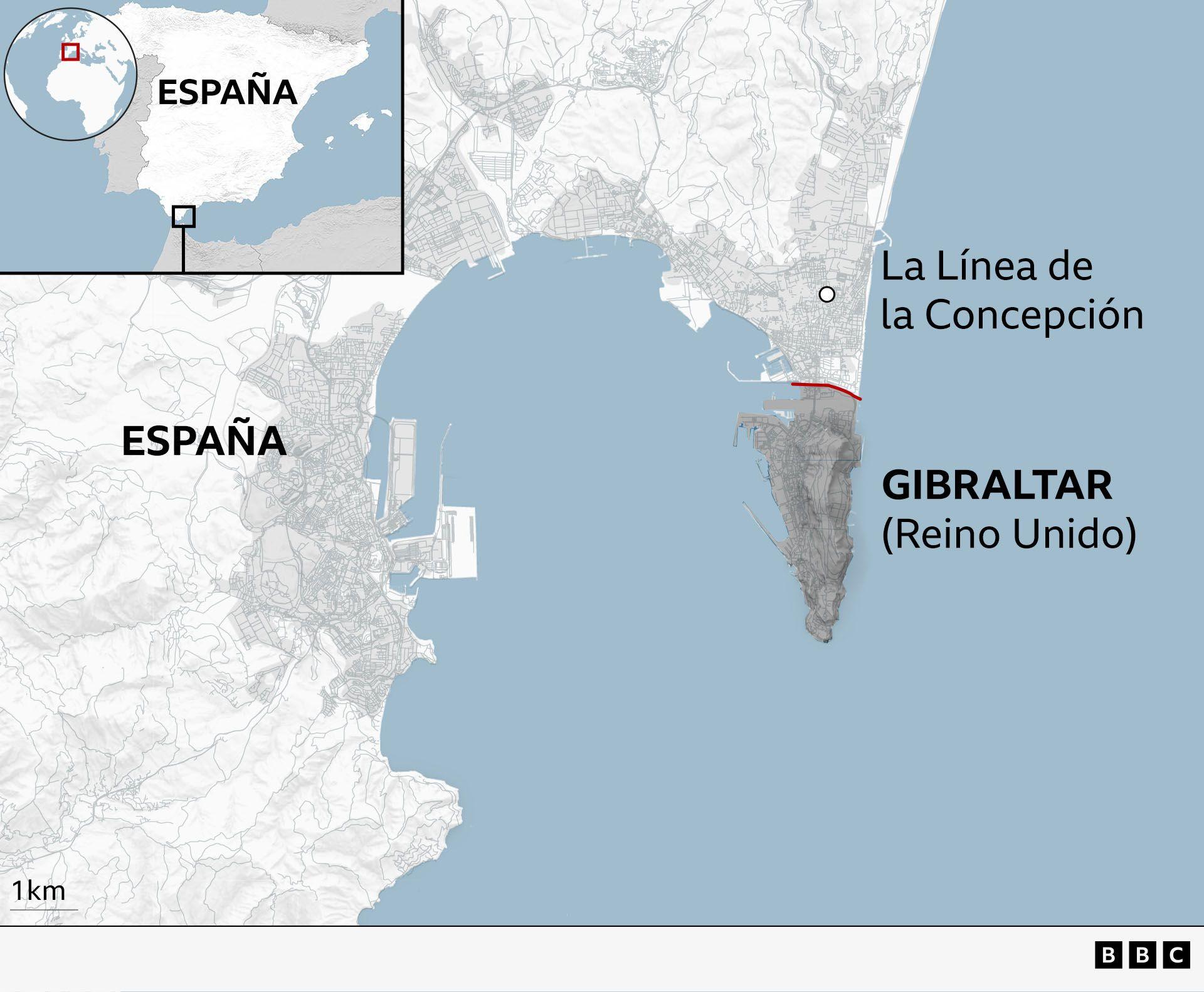 Mapa con las frontera entre Gibraltar y la localidad española de La Línea de la Concepción.