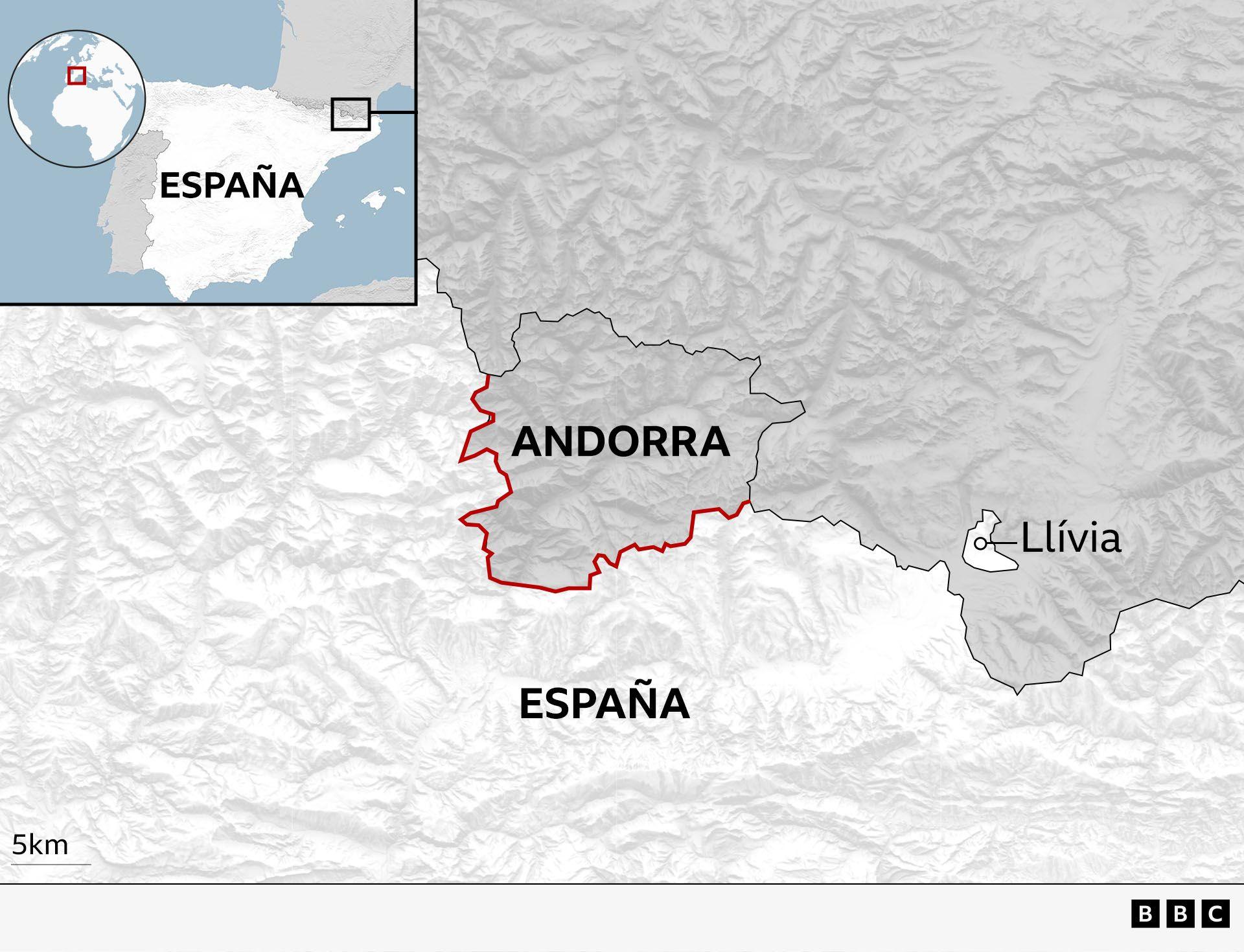 Mapa con las fronteras de Andorra con España y Francia, donde se aprecia también la distancia al municipio español de Llívia.