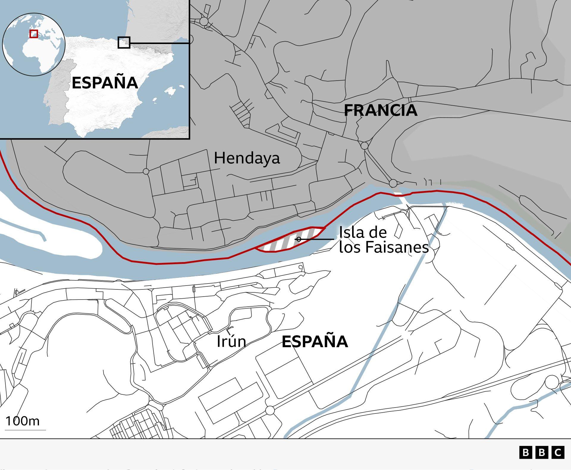 Mapa donde se aprecia la localización de la Isla de los Faisanes, en el río Bidasoa y entre España y Francia.