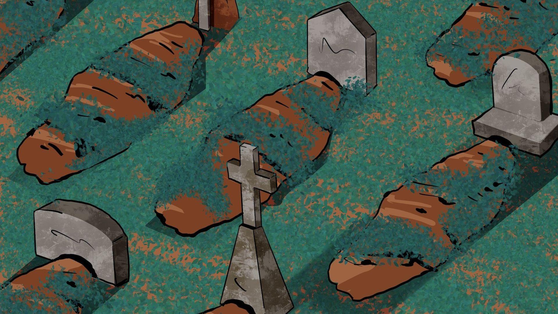 Una ilustración que muestra un cementerio con tumbas y cruces. 