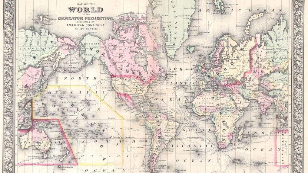 Mapa del mundo de Mitchell en proyección de Mercator, 1864
