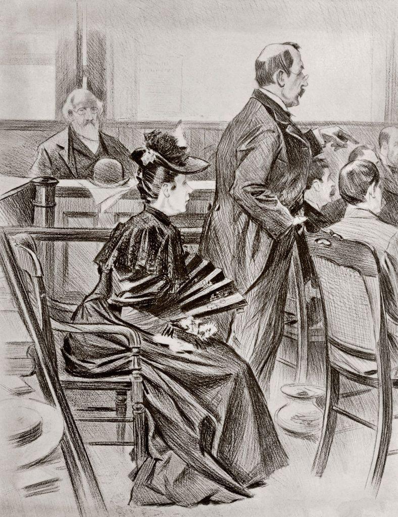 Un dibujo en blanco y negro de  la época del proceso muestra a Lizzie Borden con su abogado