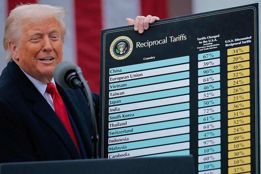 Donald Trump viste un traje oscuro y una cobata roja. Habla ante un micrófono mientras muestra una pizarra con una lista de países y el porcentaje de aranceles que EE.UU. les quiere cobrar.