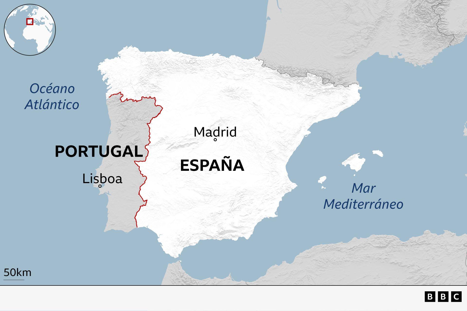 Mapa de la Península Ibérica donde se marca la frontera entre España y Portugal.