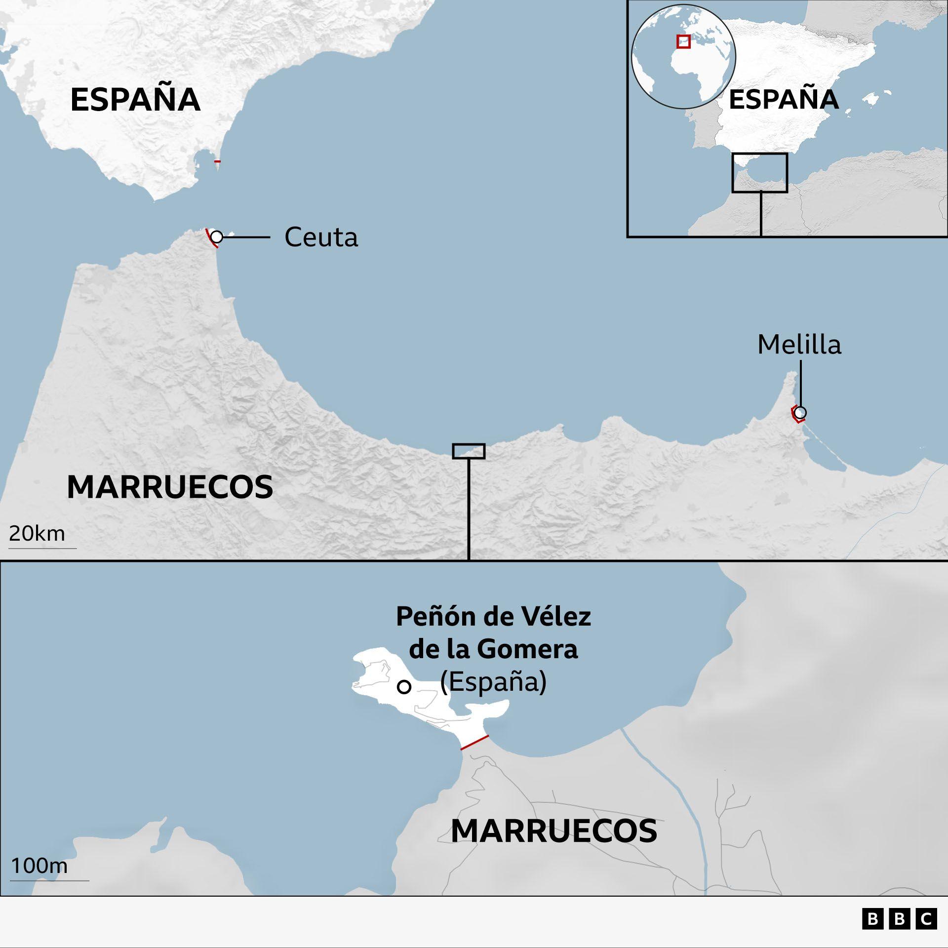 Mapa con las fronteras de España en el norte de África, incluyendo Ceuta, Melilla y el Peñón de Vélez de la Gomera.