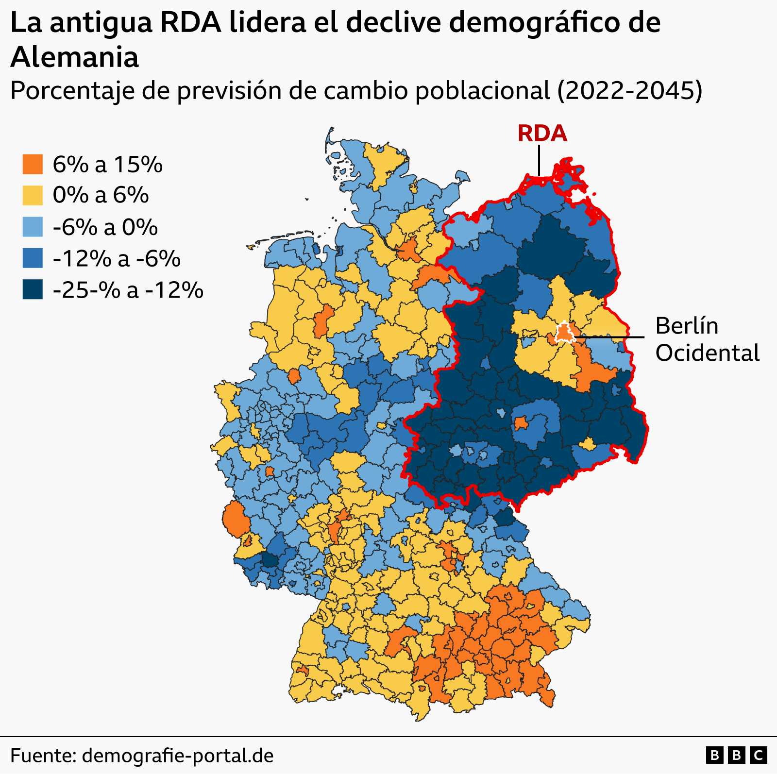 Un mapa que muestra el descenso demográfico más grave está ocurriendo en el este de Alemania