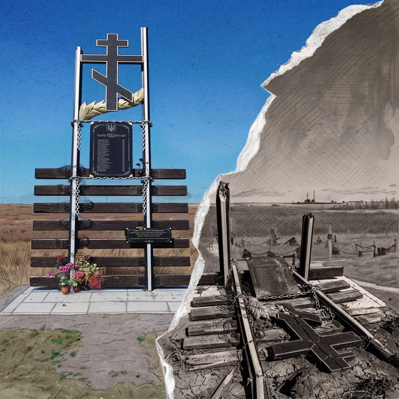 Un collage muestra dos cruces ortodoxas: una erguida como monumento conmemorativo y la otra desmontada y apoyada en el suelo.
