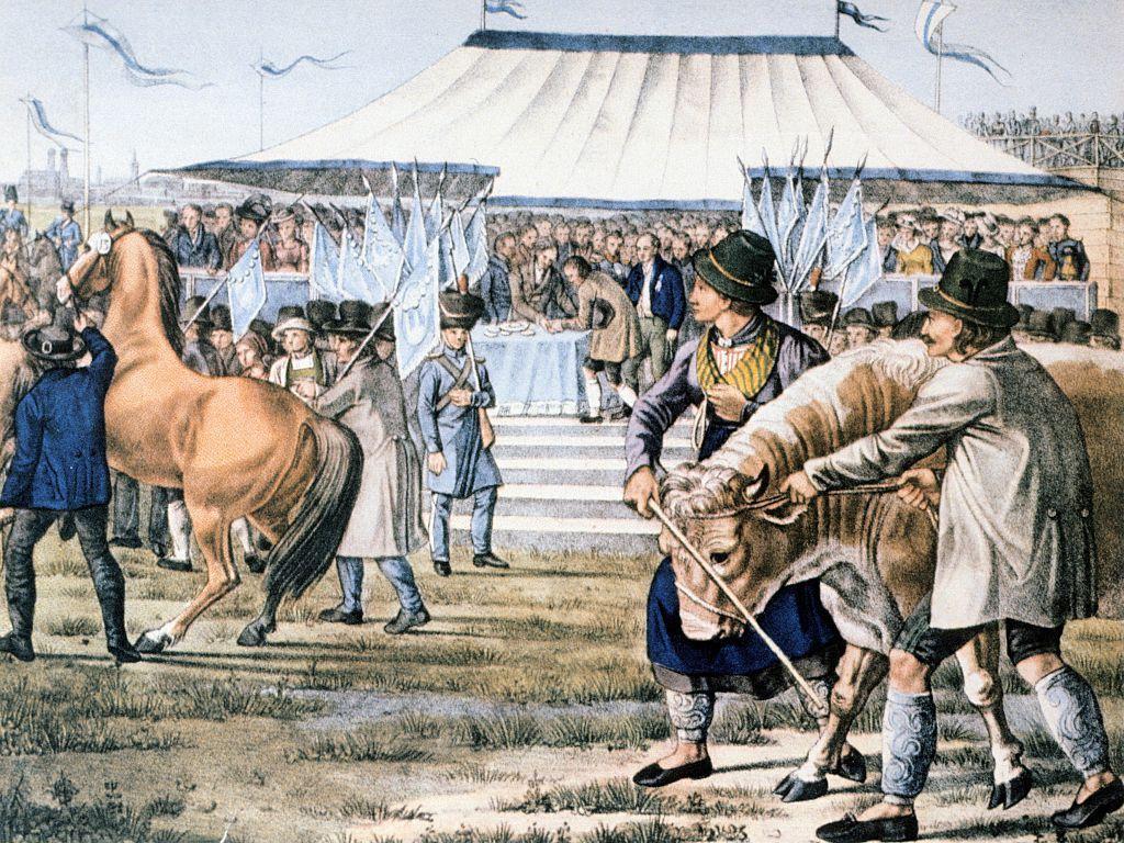Alemania, litografías y grabados del siglo XIX: presentación de caballos y ganado en la primera edición del Oktoberfest (Festival de la Cerveza de Múnich); litografía; hacia 1810.