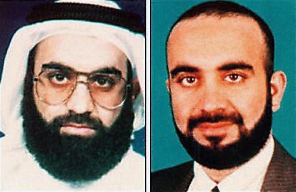 Esta es una imagen compuesta del FBI que contiene dos fotografías sin fecha de Khalid Sheikh Mohammed, una al lado de la otra. A la izquierda, luce una barba negra abundante, un pañuelo en la cabeza y gafas. A la derecha, aparece con la cabeza descubierta, cabello oscuro y barba oscura, vistiendo un traje.