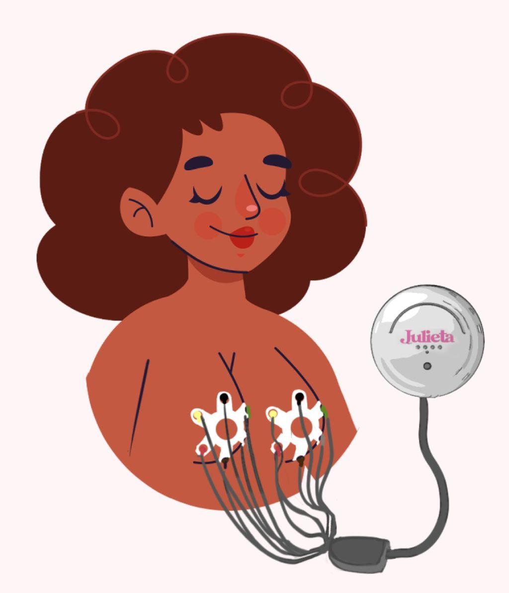 Ilustración que muestra a una mujer con los electrodos en sus senos y esos conectados al aparato redondo blanco