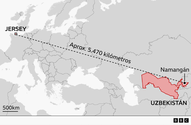 Mapa que muestra la distancia entre Jersey y Uzbekistán. 