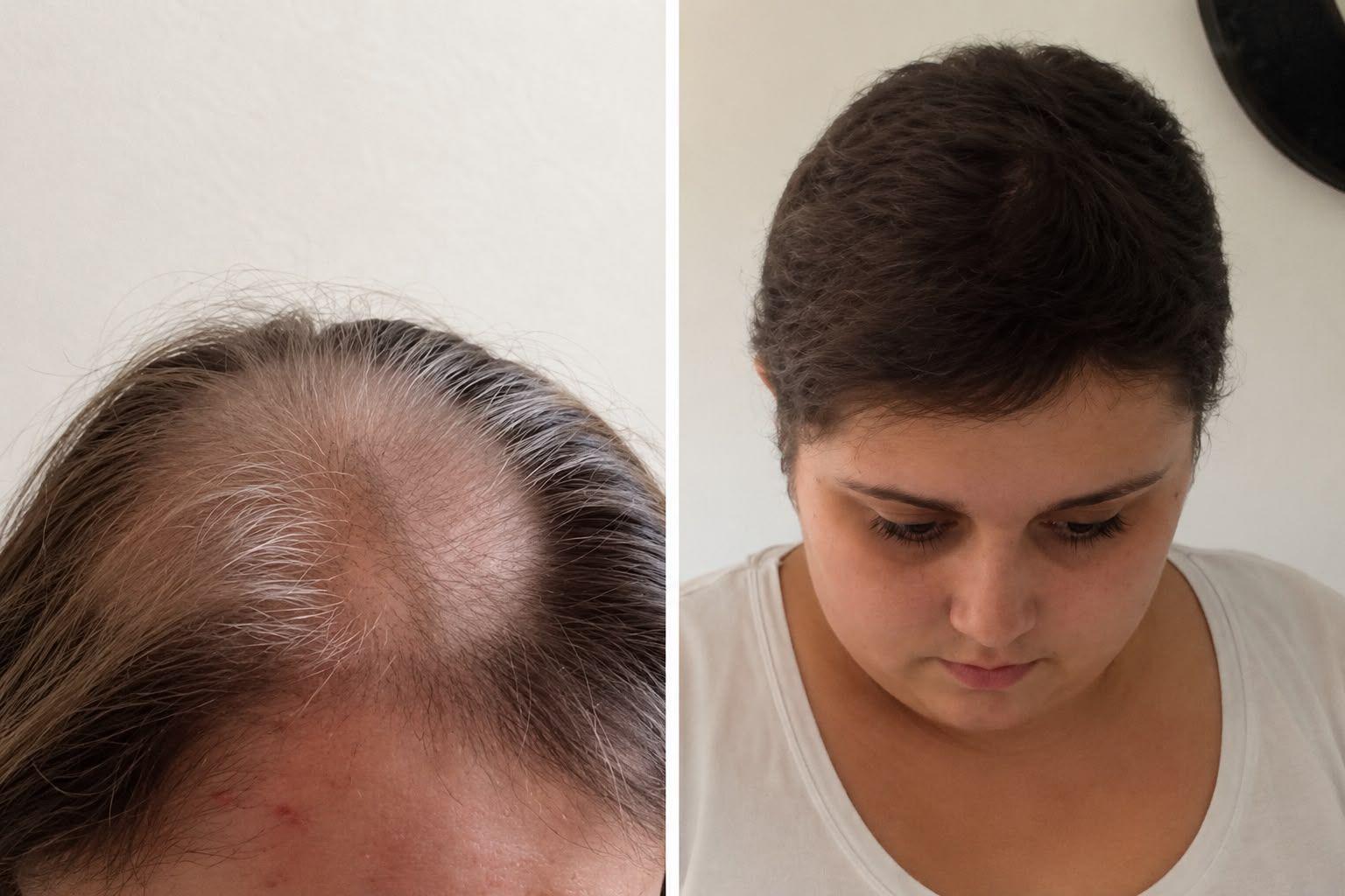 Dos imágenes de Becky Jones. En la de la izquierda se aprecian los efectos de los medicamentos contra el cáncer, como el adelgazamiento y las canas de su cabello. En la de la derecha, mira hacia abajo. 