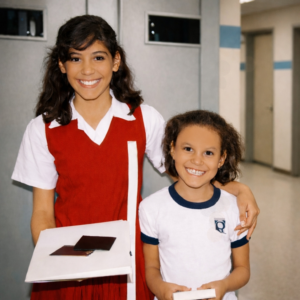 Consuelo, vestida con una camisa blanca y un vestido rojo, abraza a su hermana, Paty, que lleva una camisa blanca. Ambas sonríen