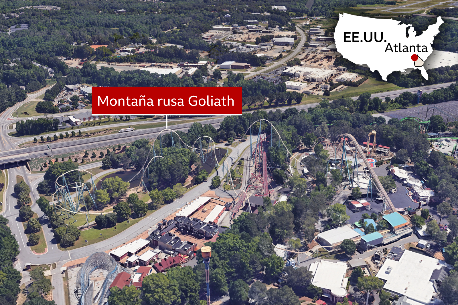 Una imagen aérea que muestra la montaña rusa Goliath