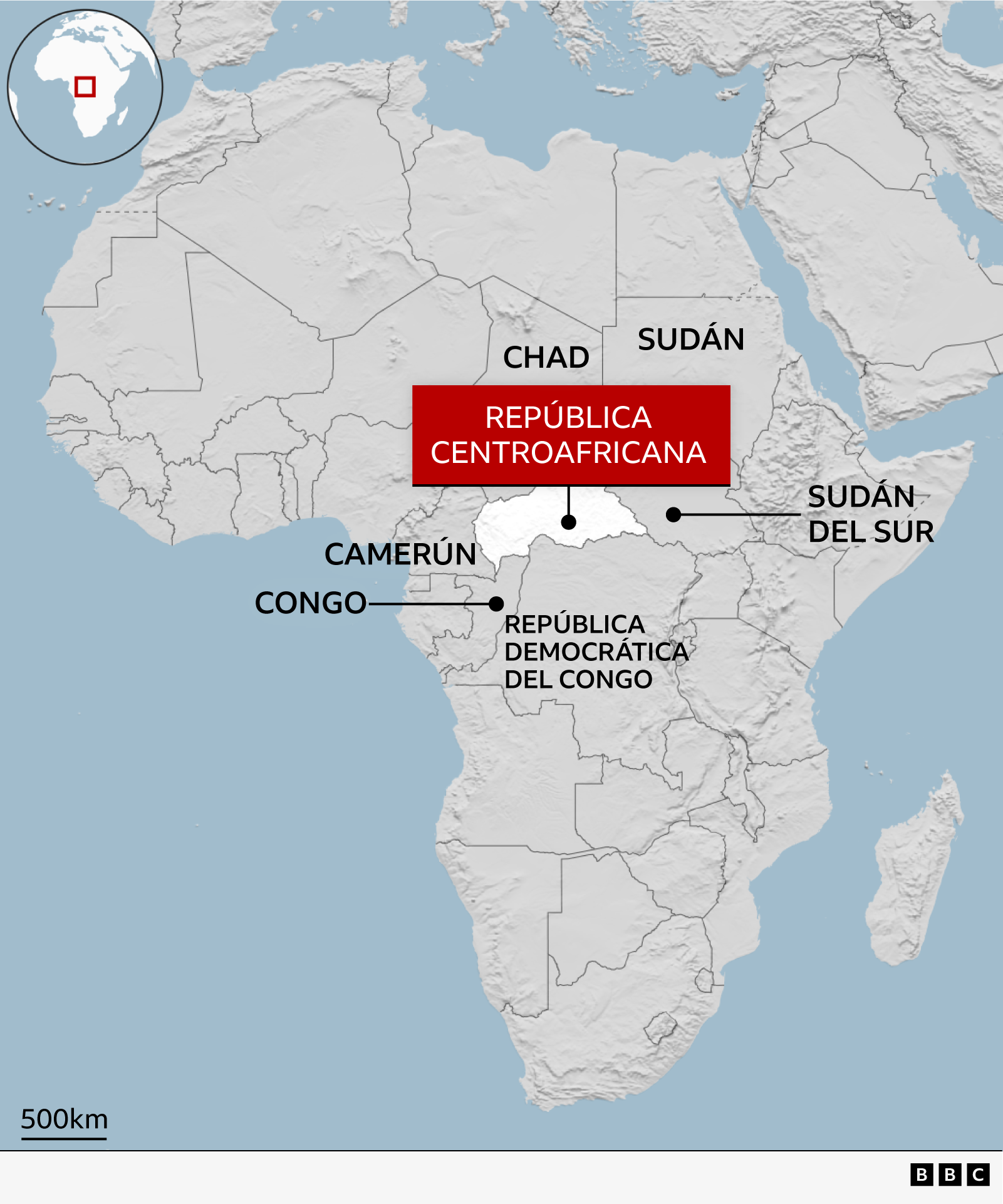 Mapa que destaca en rojo la República Centroafricana