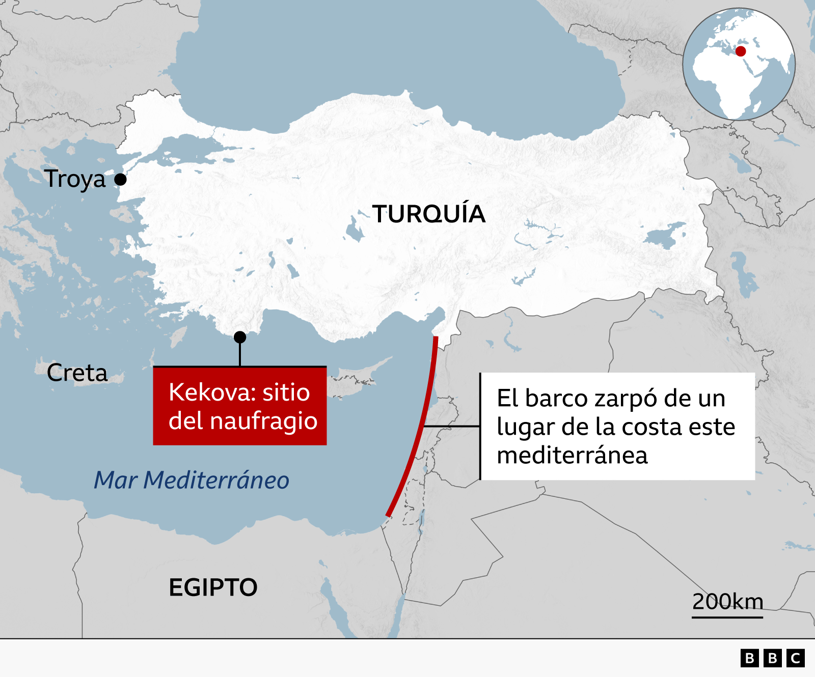 Mapa que muestra Europa, Medio Oriente y África. El punto de partida del viaje está marcado en la costa del mar Mediterráneo, la isla Kekova está marcada (en la costa sur de Turquía), Troya está marcada (en el noroeste de Turquía) y Creta está marcada (en el sur de Grecia). Se indica una posible ruta que el barco siguió desde la costa mediterránea hasta la isla de Kekova, y luego sus posibles destinos: Troya o Creta.