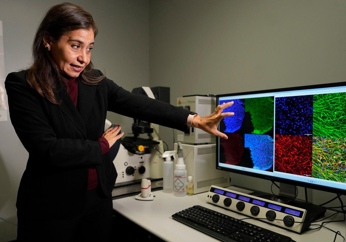 La doctora Walss-Bass, con el cabello suelto y vestida con un traje negro, señala las imágenes de colores azul, verde y rojo que se ven en una computadora. Detrás de se ven equipos de laboratorio