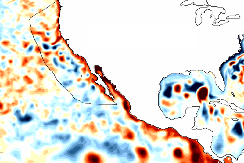 Una imagen satelital que refleja, en rojo oscuro, la presencia de oleaje de las ondas Kelvin.