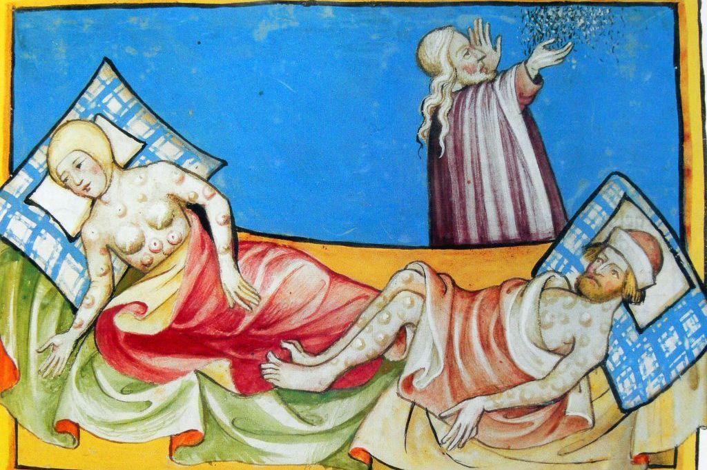 Ilustración sobre la peste, con dos personas tendidas en cama y otra de pie