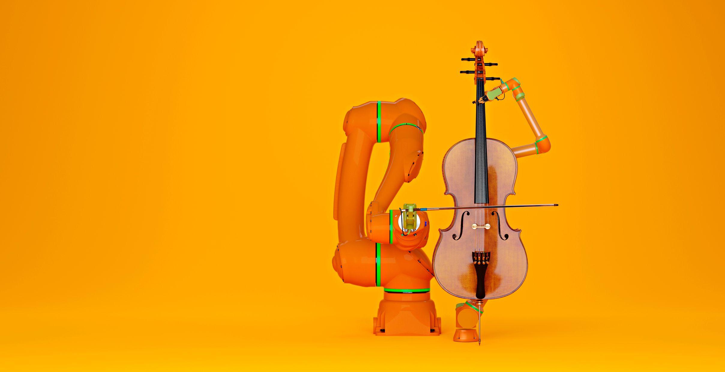 Un brazo mecánico naranja sostiene y toca un violín.