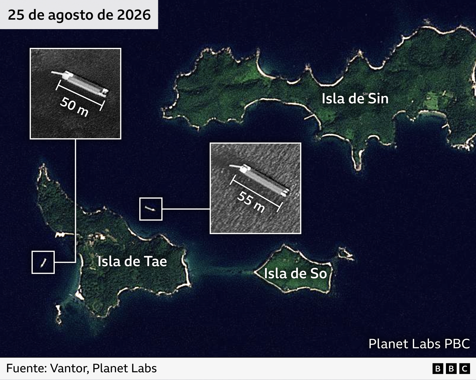 Una imagen satelital del 25 de agosto de 2026 muestra dos embarcaciones, de 50 y 55 metros de eslora, frente a las islas Tae y Sin, cerca de Wonsan.