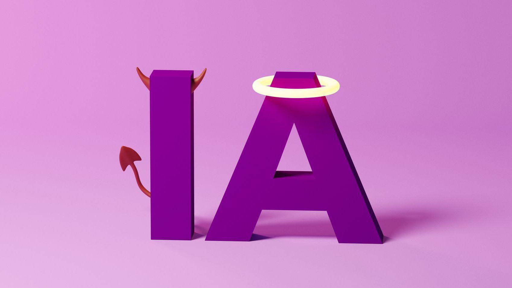 Una imagen de las letras IA en molde y tridimensionales de color púrpura. La "I" tiene una cola y cuernos rojos, la  "A" tiene un halo dorado.