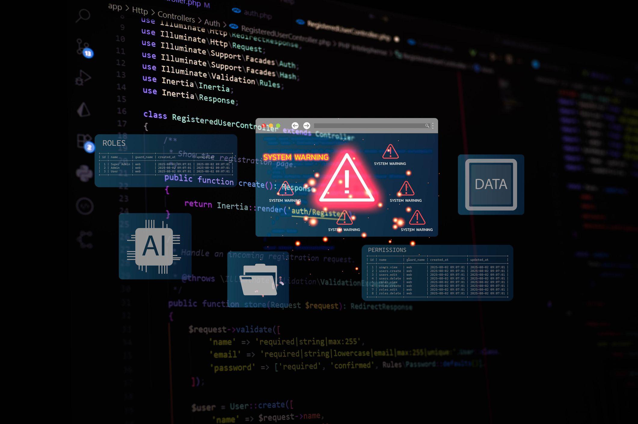 Varios mensajes de ciberseguridad delante de código de programación.