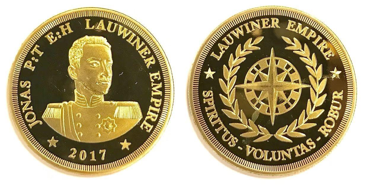 Foto que contiene las dos caras de la moneda, el "empire vellar". En una de ellas sale la cara de Jonas Lauwiner y en la otra un símbolo. 