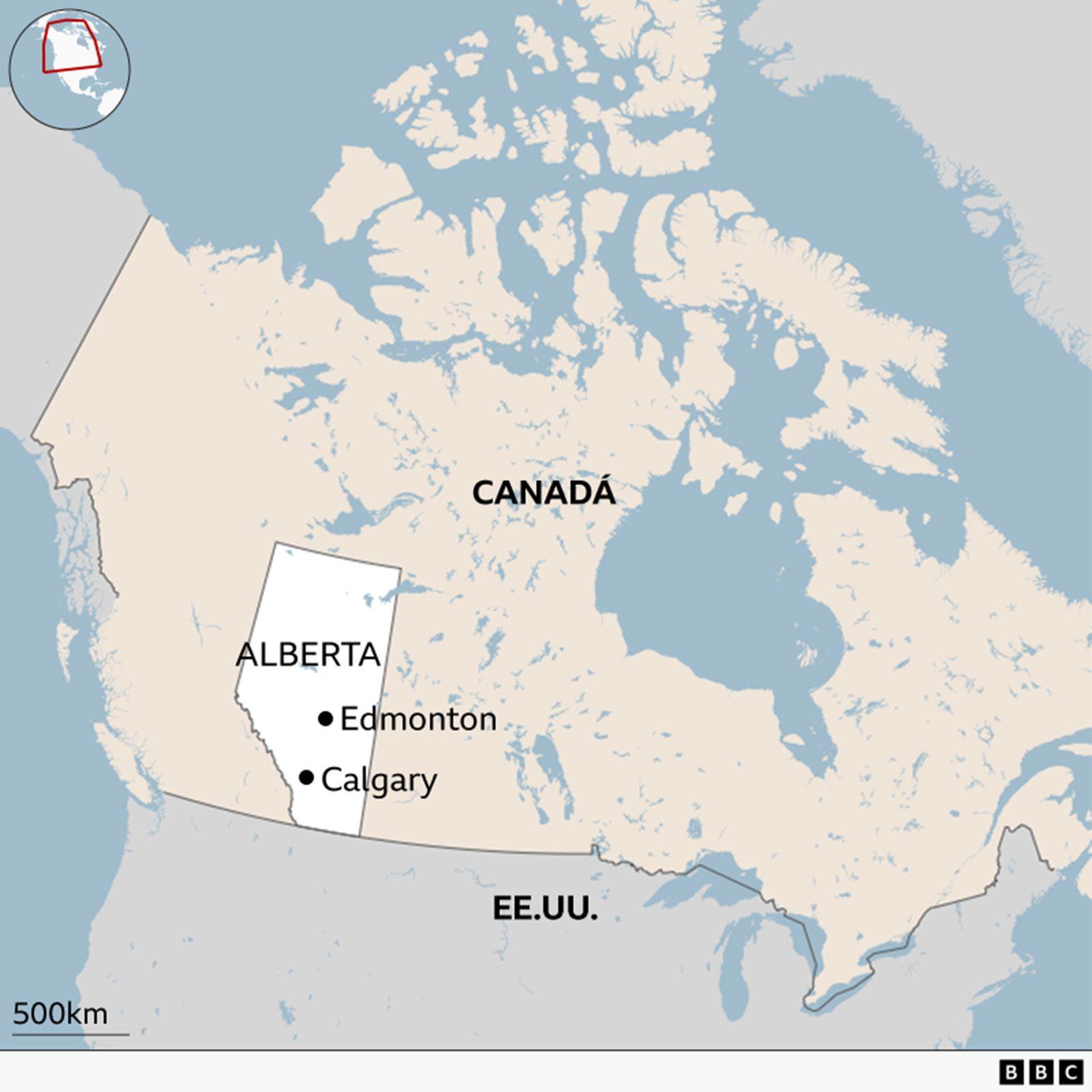 Un mapa que muestra la ubicación de Alberta dentro de Canadá con las ciudades de Edmonton y Calgary destacadas