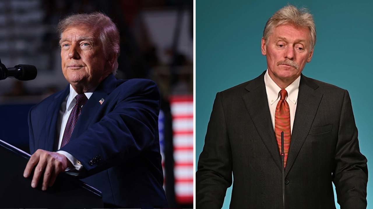 Imagen compuesta en la que se ve al presidente de EE. UU., Donald Trump, de pie en un podio a la izquierda, y al portavoz del Kremlin, Dmitry Peskov, a la derecha.